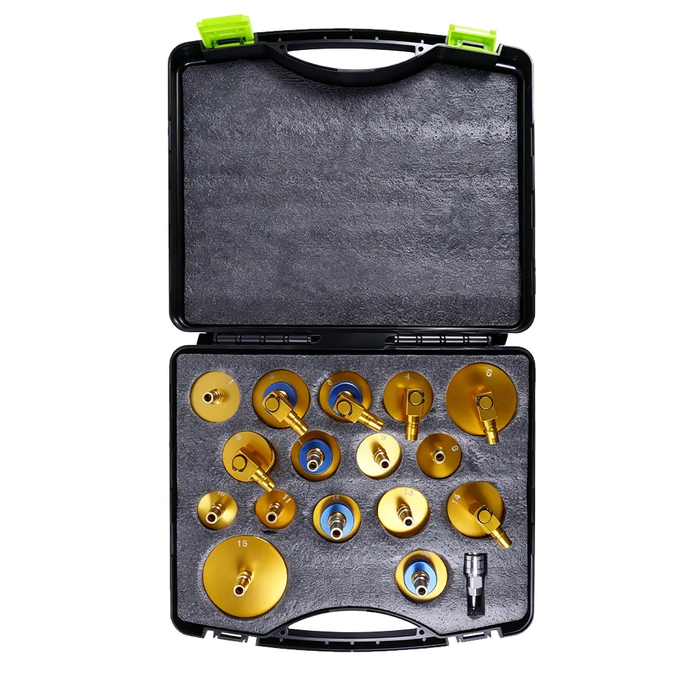 Lot de 17 adaptateurs universels pour bouchons de purge de freins, n° 2 VT17465B : kit d'adaptateurs de purge de freins 17 pièces, comprenant des adaptateurs pour réservoir de maître-cylindre et un raccord rapide, destiné à la purge professionnelle du liquide de frein.