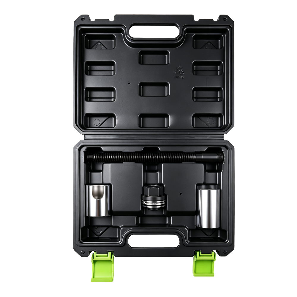 VT17581 Kit d'outils pour compresseur de pistons d'étriers de frein, comprenant une barre de compression filetée et des embouts de pression pour l'entretien des étriers de frein.