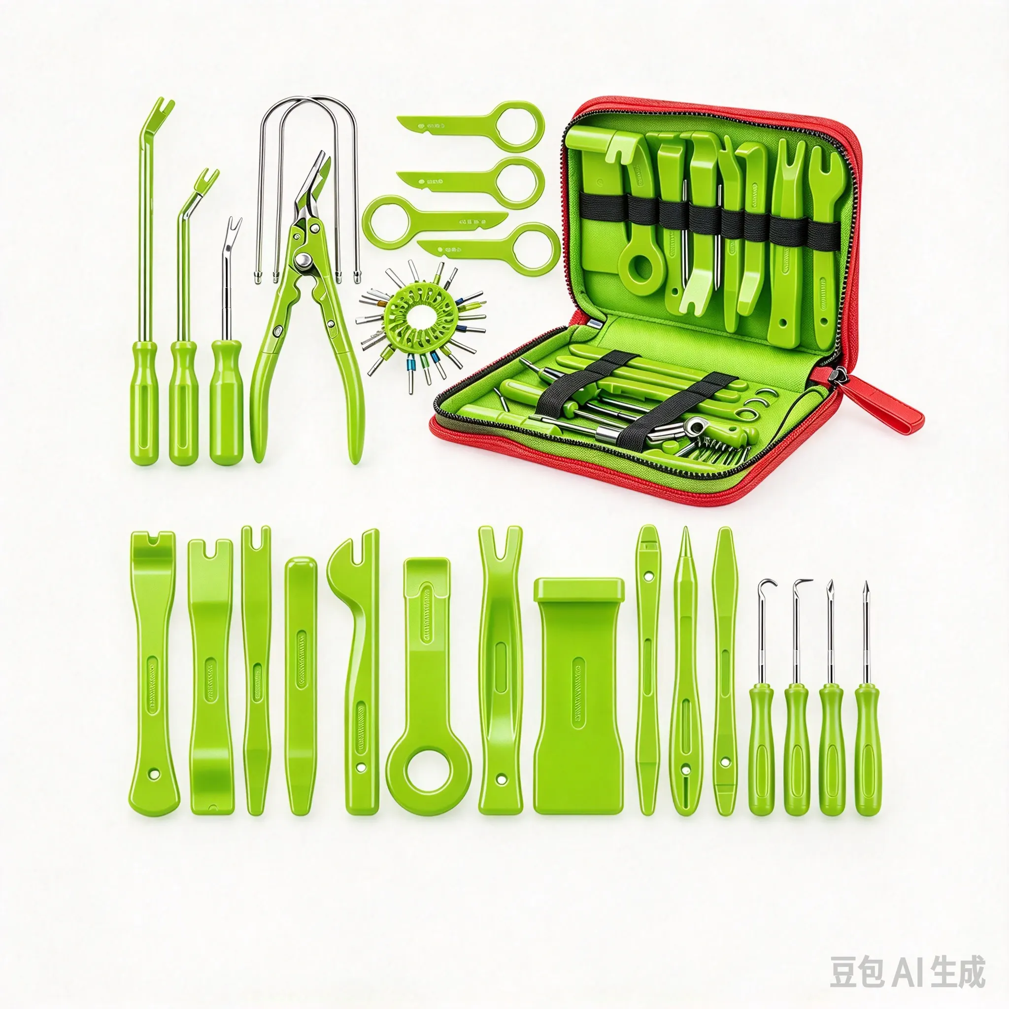 Lot de 44 outils pour le démontage et le levage des garnitures automobiles 2 VT17640B : Kit d'outils pour le démontage des garnitures et de l'habitacle automobile, comprenant un assortiment de leviers en plastique, d'extracteurs de clips, de crochets et d'outils spécialisés destinés à l'entretien des panneaux intérieurs des véhicules.