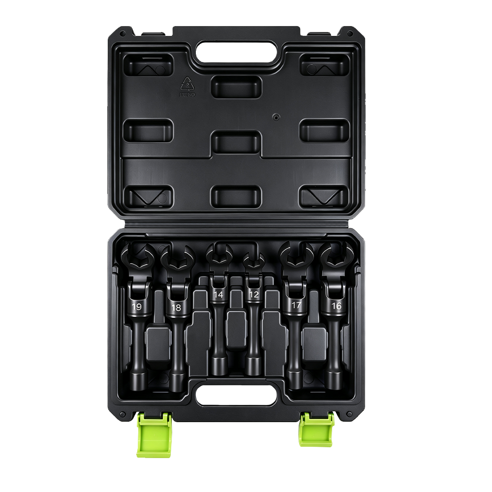 VT18576 : jeu de 6 clés à douille pour conduites d'injecteurs diesel de 3/8 pouce, dans les tailles 12, 14, 16, 17, 18 et 19 mm, pour l'entretien des conduites d'injecteurs et des conduites de carburant.