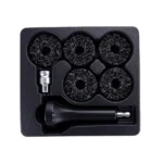VT19278B 7PC rotary cleaning brush set with five circular abrasive cleaning wheels, extension handle and adapter for automotive surface cleaning.