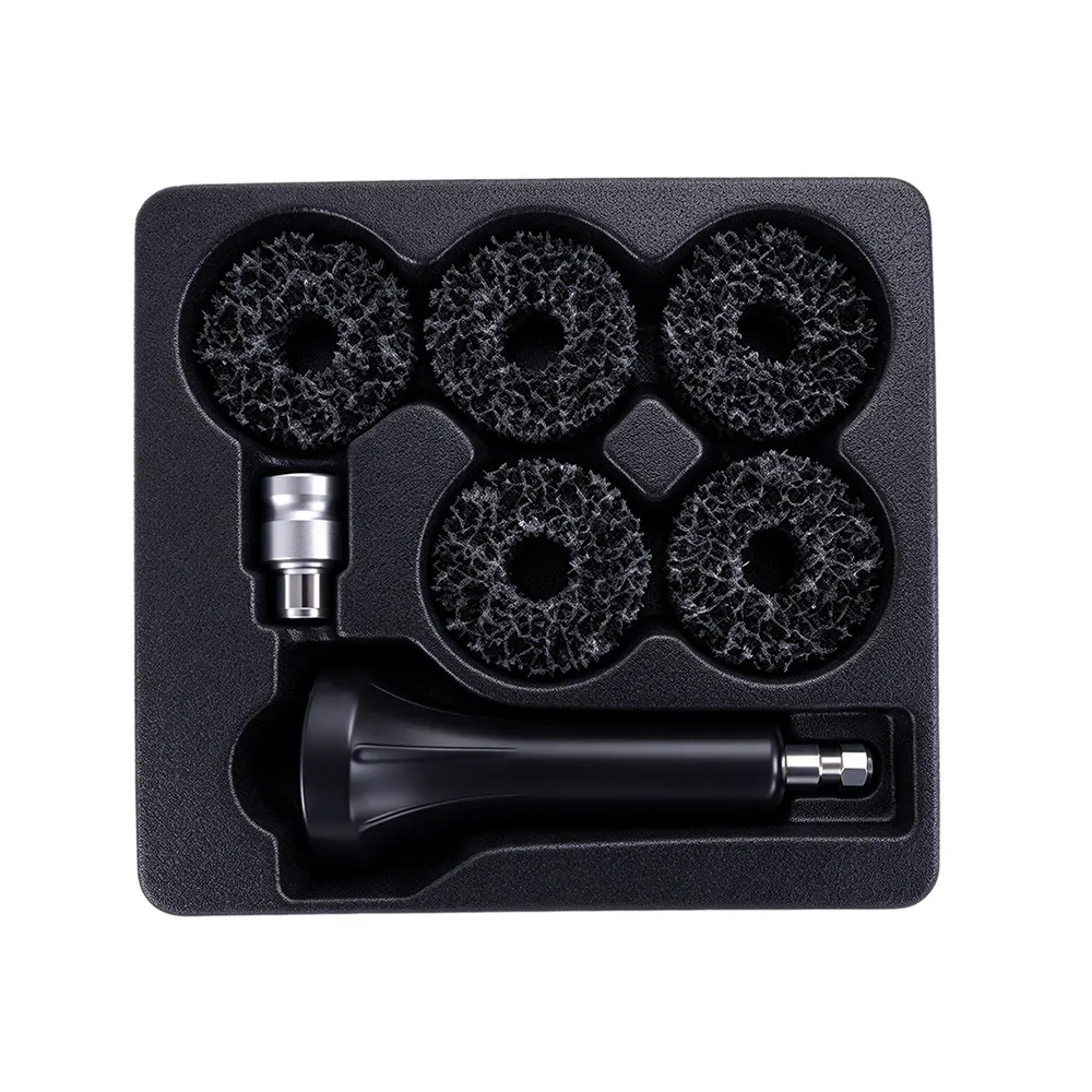 Wheel Hub Cleaning Kit with Abrasive Discs 9 VT19278B 7PC rotary cleaning brush set with five circular abrasive cleaning wheels, extension handle and adapter for automotive surface cleaning.