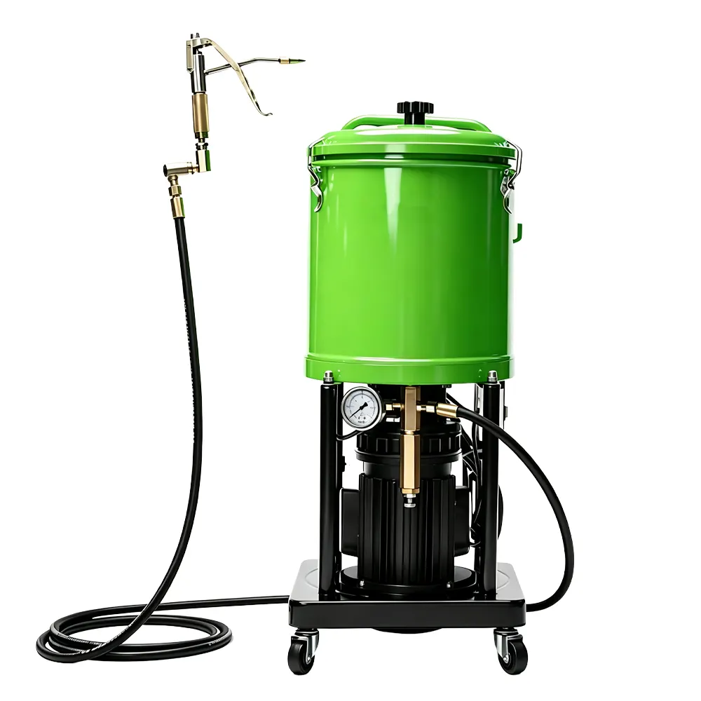 25L Electric High-Pressure Grease Pump 1 VT19460A Pneumatic grease lubrication pump with pressure gauge, flexible hose, dispensing gun and wheeled reservoir for automotive and workshop lubrication.