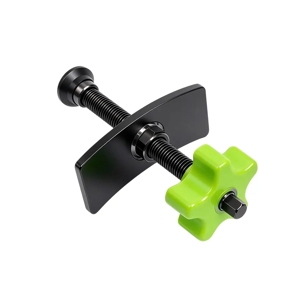 Swivel Brake Pad Spreader And Piston Compressor Tool 8 VT19534 Universal disc brake piston compressor tool with threaded spindle, pressure plate and hand knob for retracting compatible brake caliper pistons during brake pad replacement.