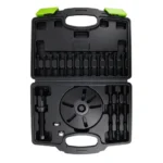 VT19717 Universal harmonic balancer puller kit with pulling plate, forcing screw and assorted bolts for removing crankshaft pulleys and harmonic balancers.