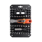 VT20132B Ratcheting screwdriver bit set with assorted screwdriver bits, compact ratchet handle and bit extension for automotive and general maintenance.