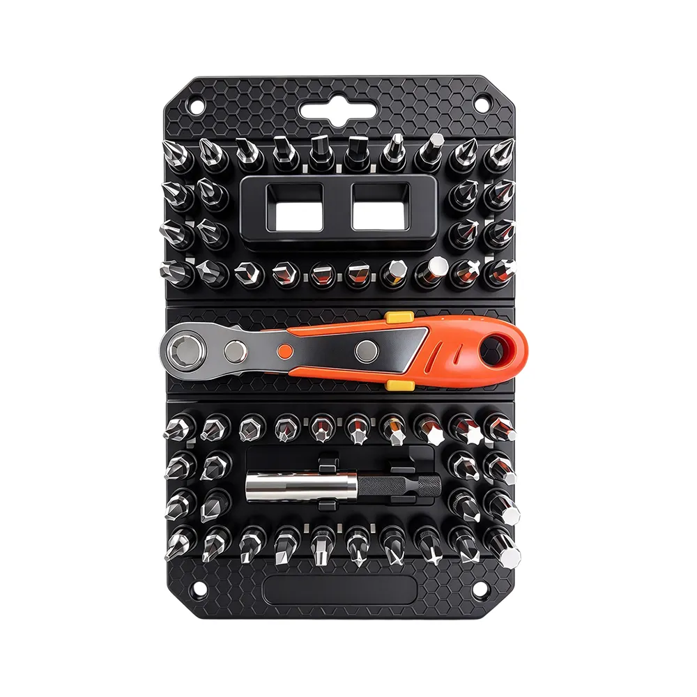 58PC 1/4in Security Screwdriver Bit Set 6 VT20132B Ratcheting screwdriver bit set with assorted screwdriver bits, compact ratchet handle and bit extension for automotive and general maintenance.