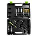 VTN1017 14PC diesel injector seat and shaft cleaner set with nylon and wire brushes, extension tools and port plugs for injector seat cleaning.