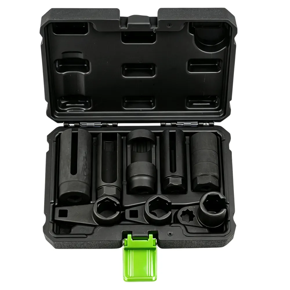 8PC O2 Sensor And Injector Socket Kit 9 VTN1086 Oxygen sensor and injector socket tool set with slotted deep sockets and specialty wrench adapters for servicing automotive sensors and injectors.