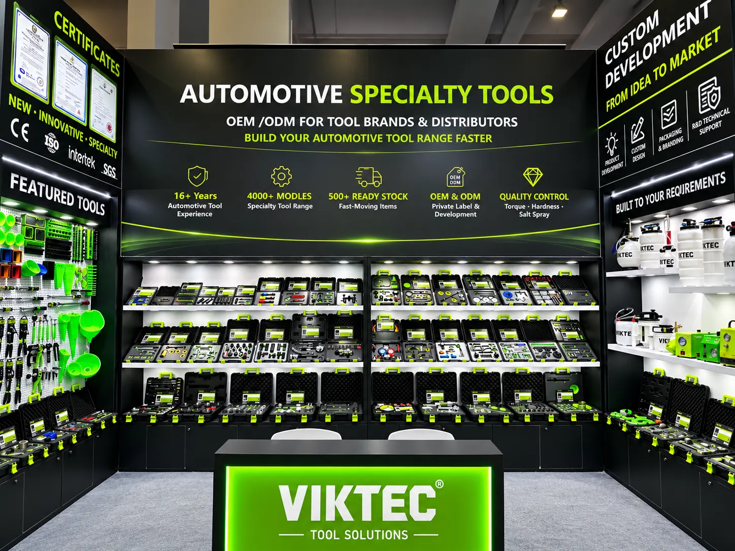 VIKTEC automotive specialty tools display at the 140th Canton Fair 2026, featuring professional repair tool kits and workshop solutions