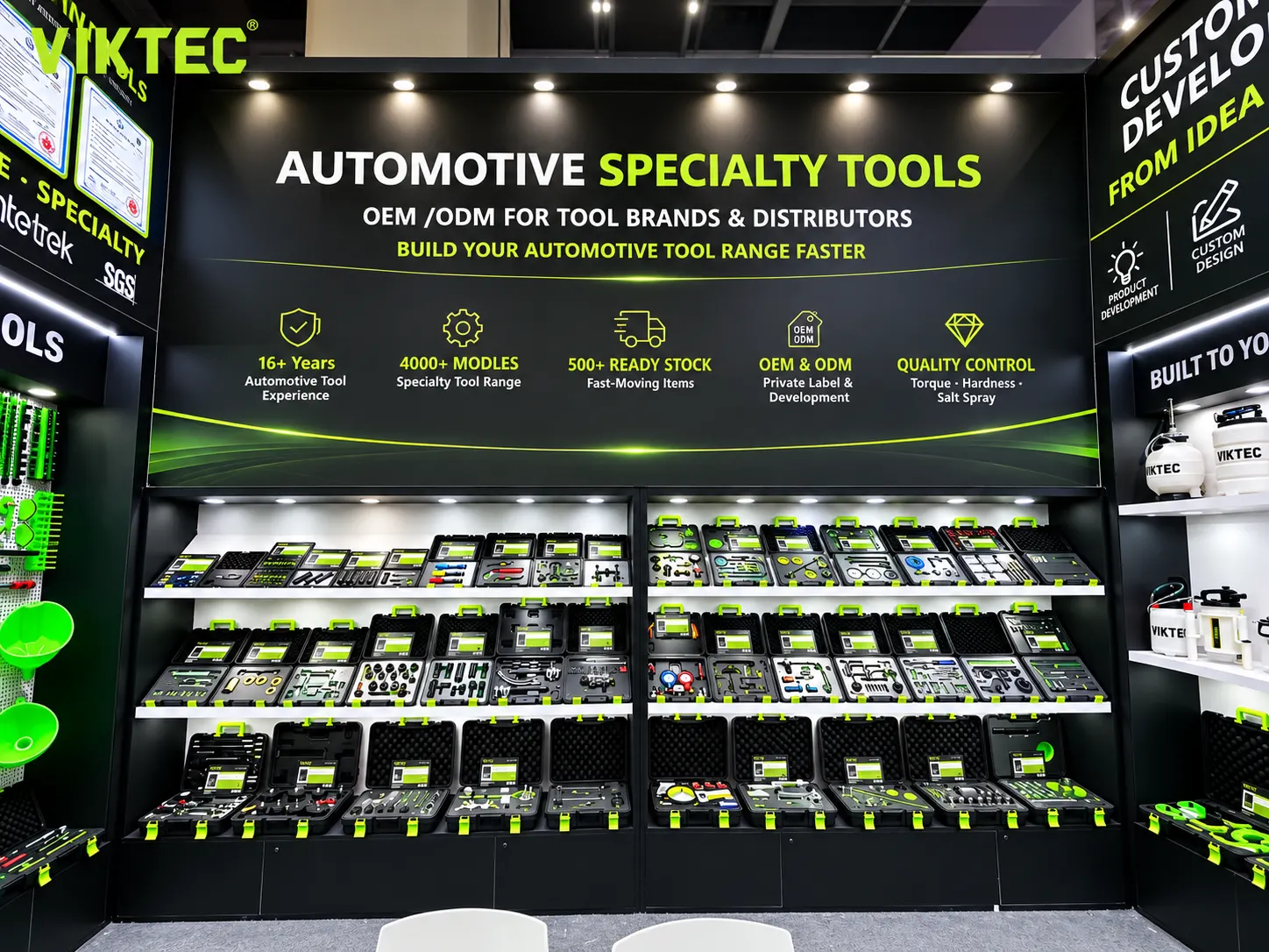 VIKTEC at Canton Fair 2026 Day 2: Explore Automotive Tools & OEM Solutions 5 VIKTEC automotive specialty tool kits displayed at the 140th Canton Fair 2026