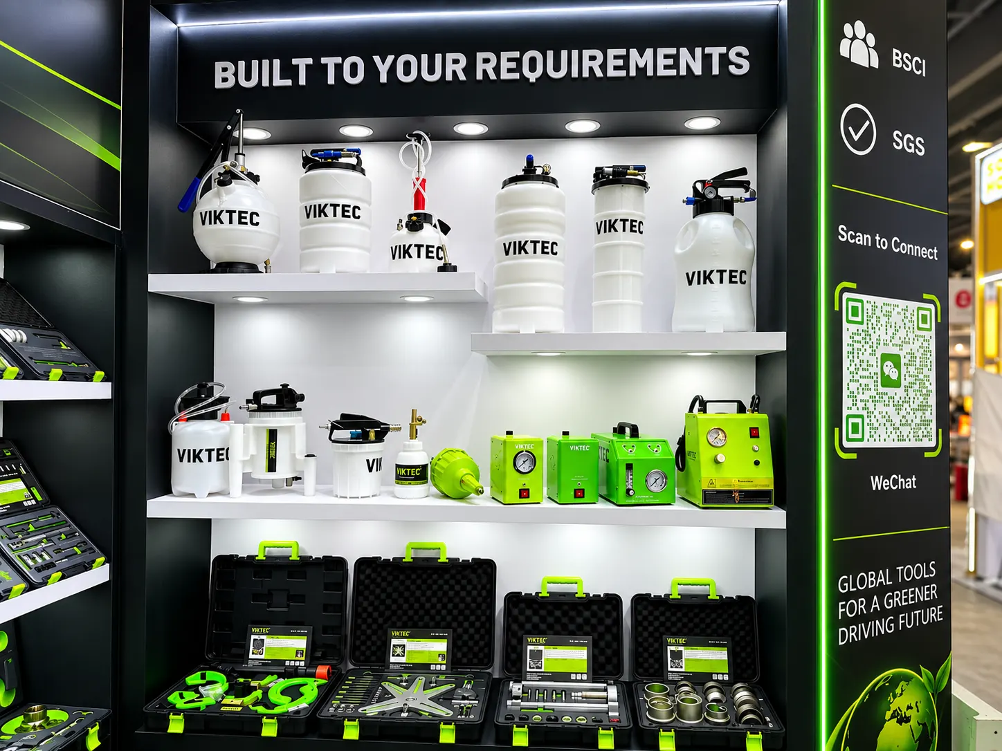 VIKTEC Ready to Welcome Global Buyers at the 140th Canton Fair 2026 5 VIKTEC featured tools wall at the 140th Canton Fair 2026, showing automotive service tools, accessories and display products