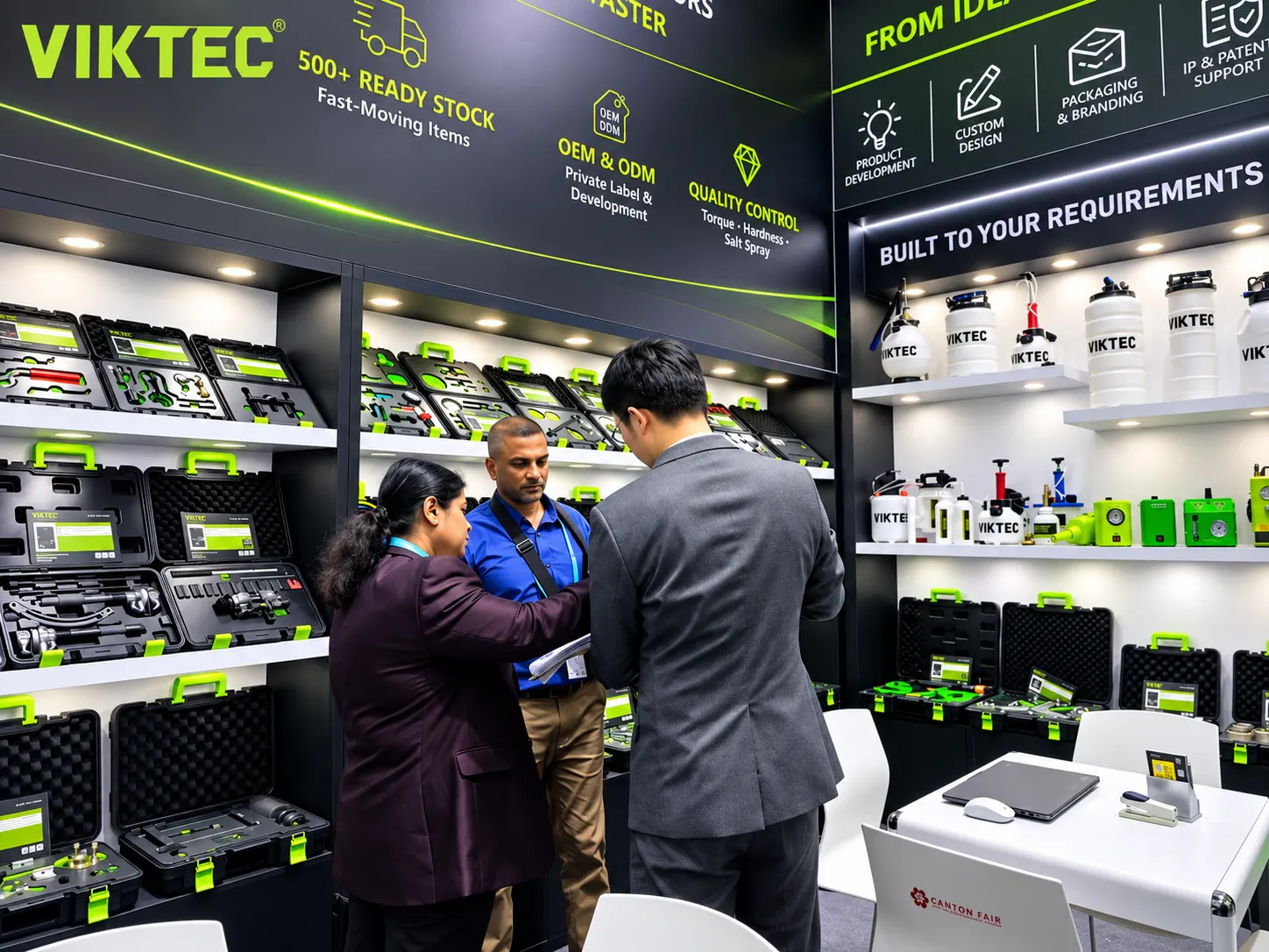 VIKTEC at Canton Fair 2026 Day 2: Explore Automotive Tools & OEM Solutions 7 VIKTEC team discussing automotive tool sourcing and OEM ODM requirements with buyers at Canton Fair 2026