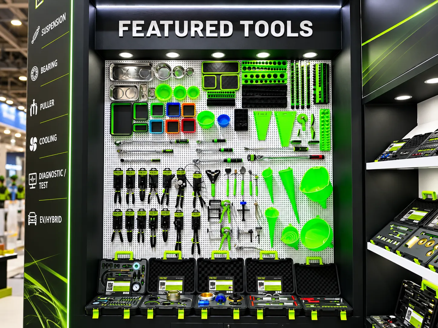 VIKTEC Ready to Welcome Global Buyers at the 140th Canton Fair 2026 6 VIKTEC workshop equipment and service tool display at the 140th Canton Fair 2026, including fluid service tools and automotive maintenance equipment